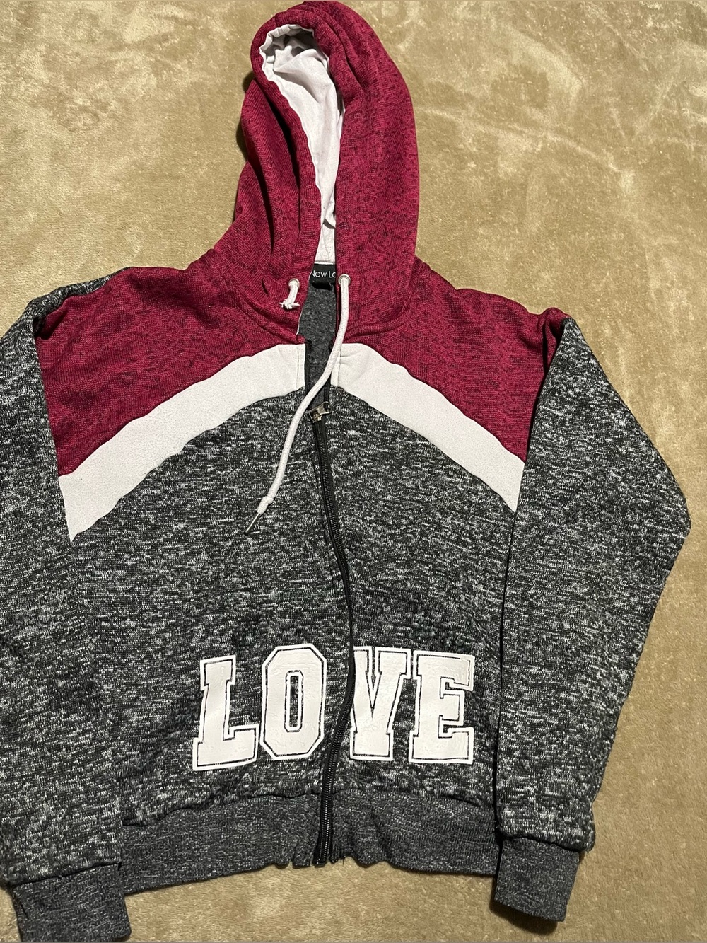 Hooded Zip-Up Jacket in Burgundy, Gray & White - LOVE Graphic-L
